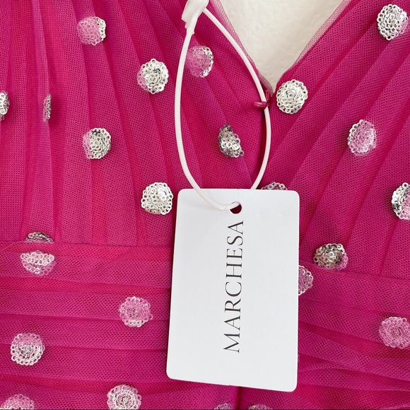 Marchesa Notte Sequin Dot Tulle Ruffle Midi Dress - Picture 12 of 13